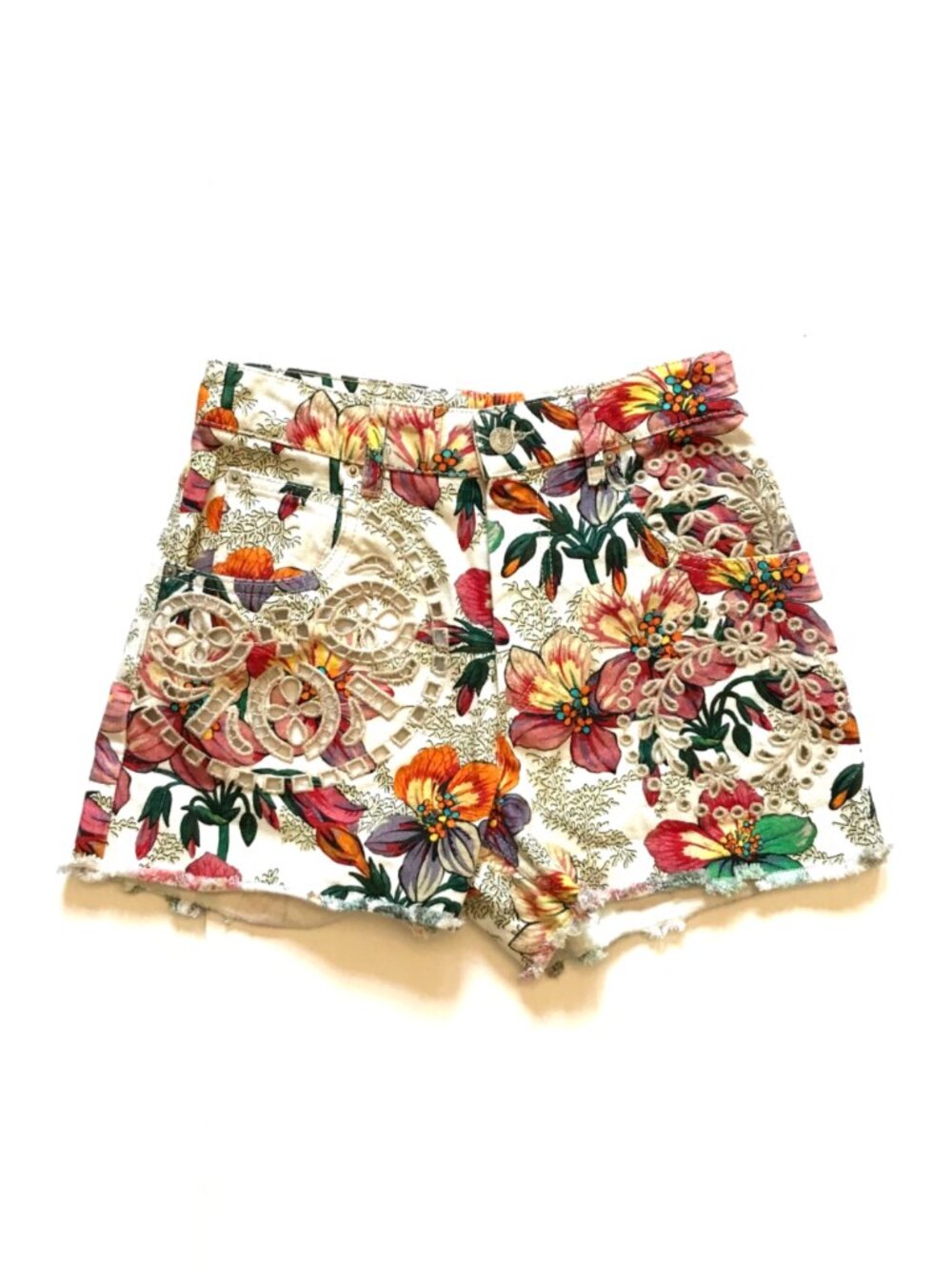 Isabel Marant Floral Cut Off Denim Jean Shorts Womens 36 4 US Ivory High Rise